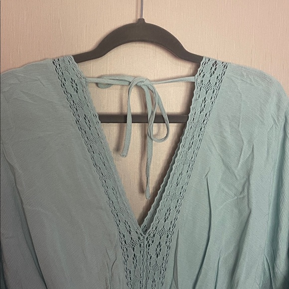 Lovestitch small blue lace crochet smocked dress rayon v neck tie back - Picture 7 of 8